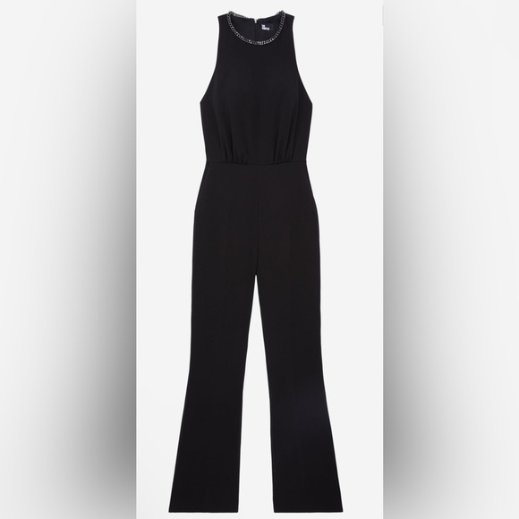 NWT The Kooples BLACK CREPE JUMPSUIT with Silver Chain Neck Detail - Picture 1 of 16